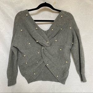 Shein Grey Twist Sweater W/ Pearl Accent, Cropped